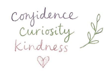 Hand-lettered words: confidence, curiosity, kindness.
